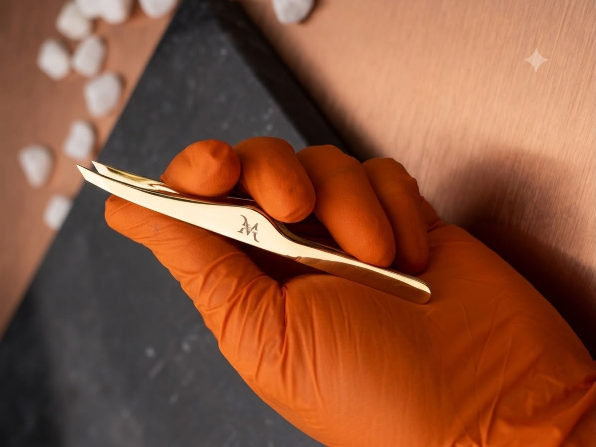 A hand wearing an orange nitrile glove holds a pair of gold-toned metal tweezers with a small engraved logo, set against a dark slate and light wood background with small white stones.